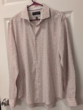 Report Collection White Button-Down Shirt with Red Floral Microprint